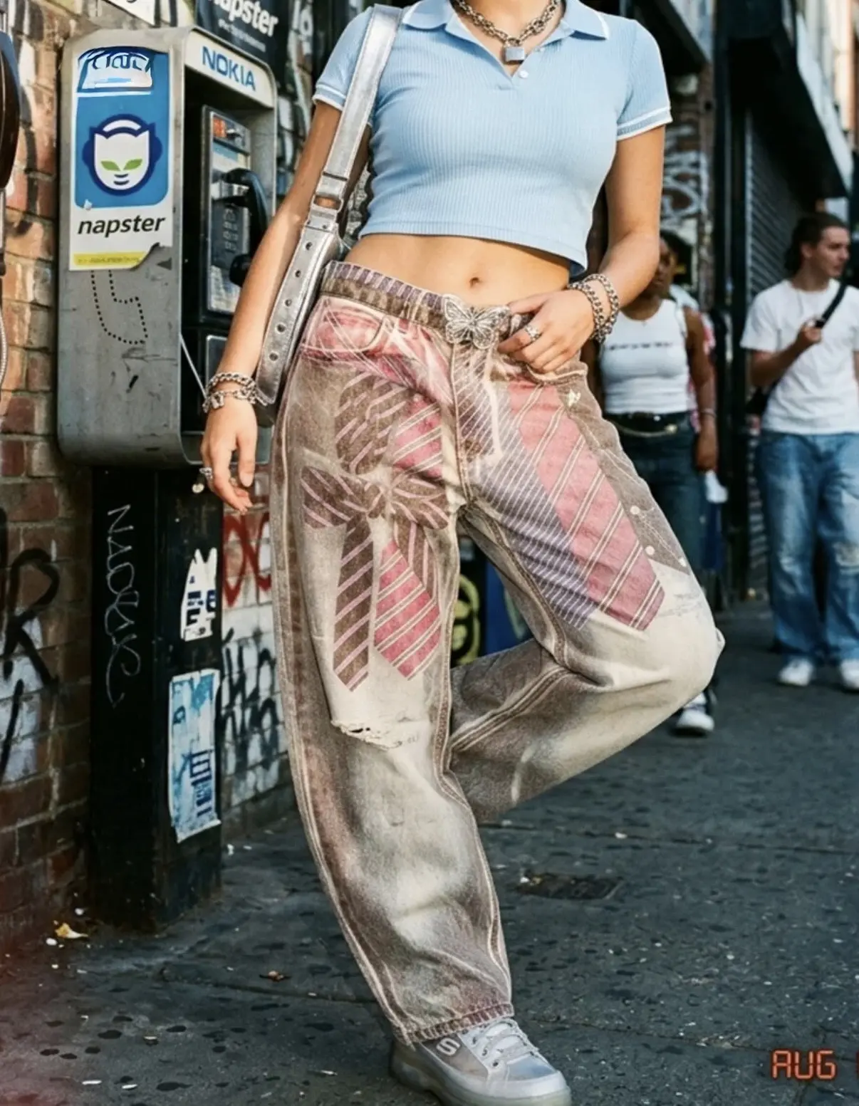 Kravat Baskılı Çamur Yıkama Baggy Jean Y2K Eskitme Detaylı Bol Kot Pantolon