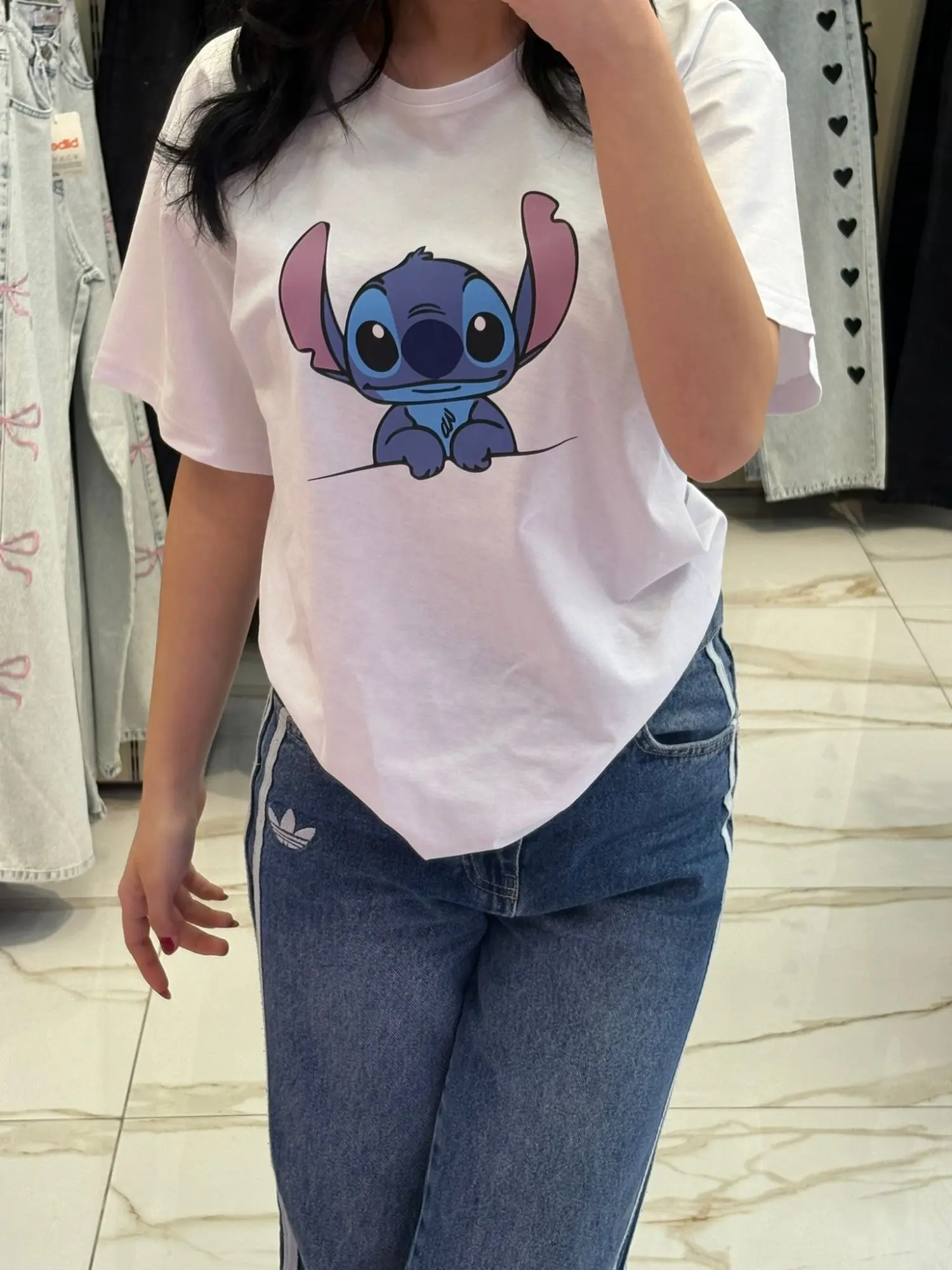 Stitch Karakter Baskılı Bisiklet Yaka Pamuklu Beyaz T-Shirt