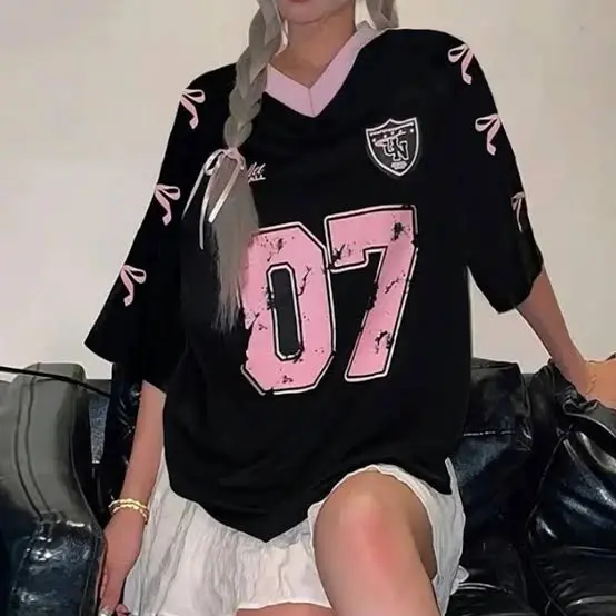 Siyah Fiyonk Baskılı No:07 Forma Tişört - Oversize Coquette Spor Jersey T-Shirt