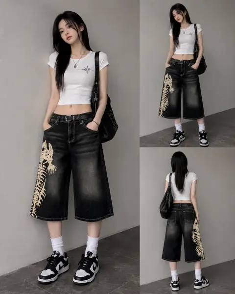 İskelet Baskılı Füme Denim Kapri