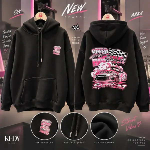 Speed Racing Baskılı Oversize Kapüşonlu Sweatshirt