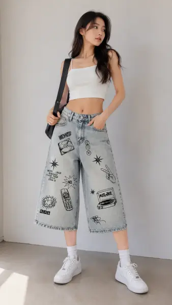 Retro Çizim Detaylı Bol Paça Kot Kapri